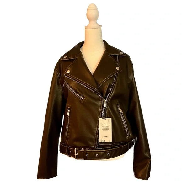 Zara Vegan Leather Jacket in Dark Brown • Size Medium • NEW WITH TAGS - Picture 9 of 12